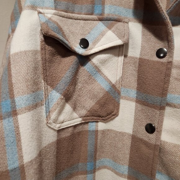 HFX Flannel Shirt Jacket Women's XL Plaid Brown Neutral Relaxed Fit Warm Shell - Picture 5 of 11